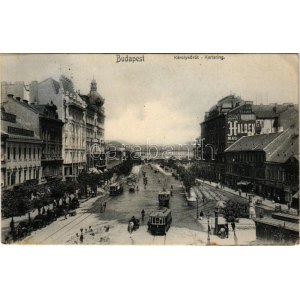 1906 Budapest V. Károly körút, Haldek szőnyegáruház, Auerbach üzlete, villamos (fl)