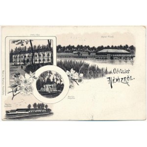 1901 Hévíz, Hetes Ház, fürdő, Mexikó szálloda, kápolna. Moricz Marton kiadása, Art Nouveau, floral, litho ...