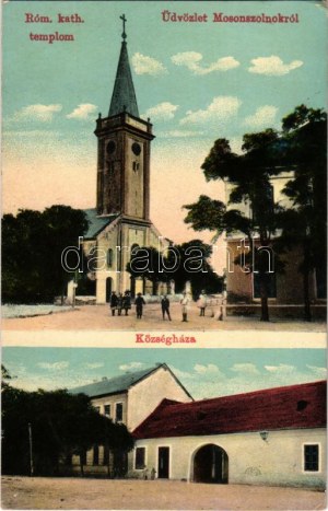 1917 Mosonszolnok (Mosonmagyaróvár), Római katolikus templom, Községháza. Umathum János kiadása (EK...