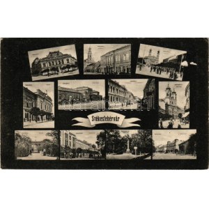 1915 Székesfehérvár, mozaiklap, rajta vasútállomás, zsinagóga, stb. Horváthné és Rónainé kiadása (ázott sarkak ...