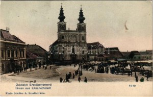 Erzsébetváros, Dumbraveni; Fő tér, piac, templom, üzletek. Scholtes A. kiadása / main square, market, church, shops (fl...
