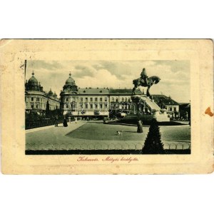 1916 Kolozsvár, Cluj; Mátyás király tér, szobor, Haraszthy Jenő üzlete. W.L. Bp. 6395. (EB)