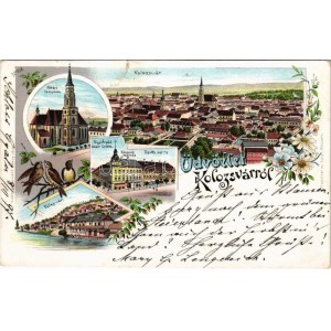1897 (Vorläufer!) Kolozsvár, Cluj; Főtéri templom, Bánffy palota, Központi szálloda, Fellegvár Szamos-parttal...