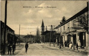 Resicabánya, Resicza, Recita, Resita; Fő utca, templom, üzletek. Braumüller L. kiadása / main street, church, shops (EK...