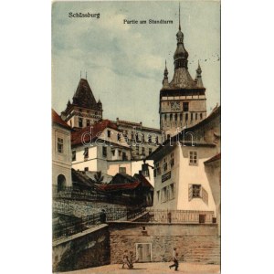 1914 Segesvár, Schässburg, Sighisoara; Partie am Stundturm / Óratorony, W. Schwarz üzlete. Fritz Teutsch kiadása ...