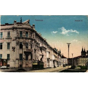 Temesvár, Timisoara; Hunyadi út, villamos. Vasúti levelezőlapárusítás 285. sz. 1916. / street view, tram (Rb...