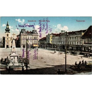1912 Temesvár, Timisoara; Kossuth Platz / Kossuth tér, templom, Takarékpénztár, Porcellánház, Adler Ignác...