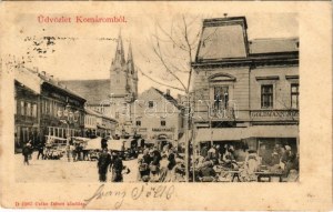 1903 Komárom, Komárno; piac, Goldmann J., Steiner Miksa üzlete, Komárom Vidéki Takarékpénztár. Czike Dénes kiadása ...