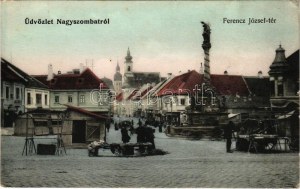 Nagyszombat, Tyrnau, Trnava; Ferenc József tér, piac, üzletek. G.M.P. / square, market, shops (kopott sarkak ...