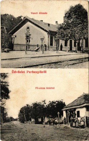 1909 Perbenyik, Perbenik, Pribeník; vasútállomás, Fő utca, Weisz Jenő üzlete és saját kiadása / railway station...