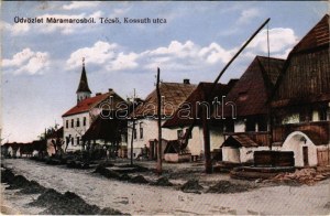 1920 Técső, Tiacevo, Tiachiv, Tyachiv (Máramaros); Kossuth utca, templom. Szabó Lipót kiadása / street view, church (EK...