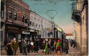 1913 Újvidék, Novi Sad; Duna utca, villamos, Cortan és Donáti üzlete, Singer J. udvari fényképész műterme...