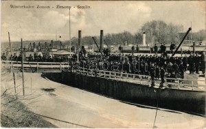 1912 Zimony, Zemun, Semlin; Winterhafen. Verlag A. Stepner / téli kikötő, gőzhajó / winter harbour, steamship ...