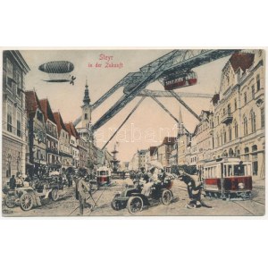 Steyr, Oberdonau; in der Zukunft. Verlag A. Stiasny / in the future montage, tram, automobile, airship (EK...