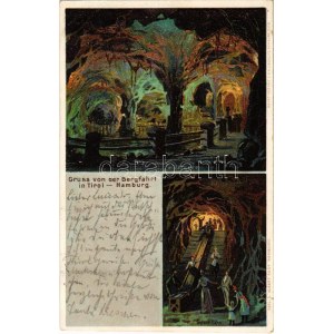 1901 Hamburg, Gruss von der Bergfahrt in Tirol, Rutschbahn / ghost train ride, slide. Kunst-Anstalt v. H. A. J...