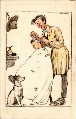 Cserkész fodrásznál. Kiadja A Magyar Cserkészszövetség Nagytábortanácsa 1926. / Hungarian boy scout art postcard s...