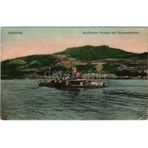 1910 Orsova, Serbische Grenze mit Donaumonitor. K.u.K. Kriegsmarine, Donauflottille / Szerb határ dunai monitorral...