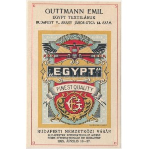 Budapesti Nemzetközi Vásár. Guttmann Emil Egypt Textiláruk reklámlapja. Budapest, Arany János utca 13. szám...