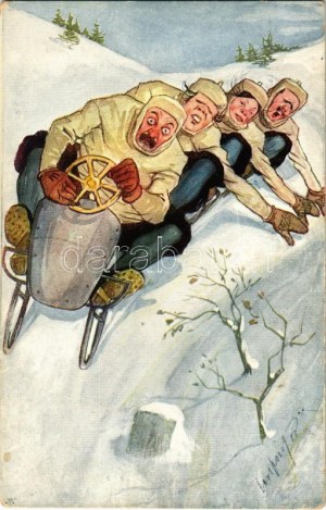 Winter sport art postcard with four-man controllable bobsled, bobsleigh, sledding down, humour. B.K.W.I. 412-4. s...