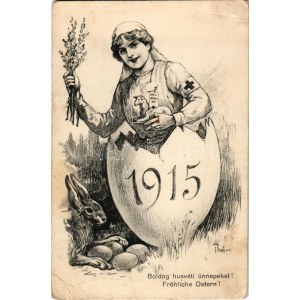1915 Boldog húsvéti ünnepeket! / Fröhliche Ostern! / WWI K.u.k. Easter greeting military art postcard...