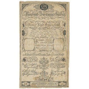 1806. 25G Bécsi városi bankócédula vízjeles papíron, szárazpecséttel, kézi 196590 sorszámmal T:F kis beszakadások...