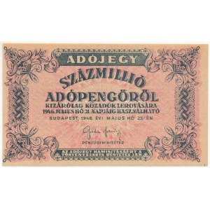 1946. 100.000.000AP vastagabb fehér papír T:AU / Hungary 1946. 100.000.000 Adópengő on thicker, white paper C...