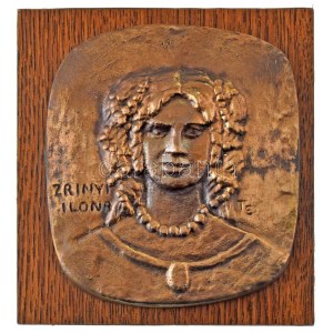 Takács Erzsébet (1928-1999) 1979. Zrínyi Ilona öntött bronz plakett, fa alapzaton (~110x123mm) T:AU / Hungary 1979. ...