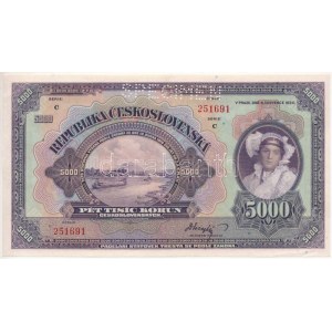 Csehszlovákia 1920. 5000K SPECIMEN (MINTA) perforációval, C 251691 T:AU / Czechoslovakia 1920. 5000 Korun with ...