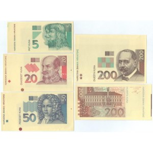 Horvátország 1993. 5K-1000K (9xklf) előlapi és hátlapi színpróbanyomatok, köztük több ívszéllel T:AU / Croatia 1993...
