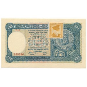 Szlovákia 1940. 100K II. kiadás SPECIMEN (minta) perforációval, csehszlovák bélyeggel, F 10 935686 T:AU ...