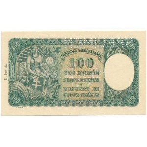 Szlovákia 1940. 100K II. kiadás SPECIMEN (minta) perforációval, csehszlovák bélyeggel, F 10 935686 T:AU ...