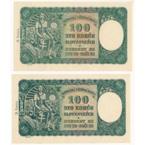Szlovákia 1940. 100K (2x) sorszámkövetők, II. kiadás, A8 719542 - A8 719543 T:UNC,AU / Slovakia 1940. 100 Korun (2x...
