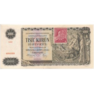 Szlovákia 1940. 1000K SPECIMEN (MINTA) perforációval, csehszlovák bélyeggel, 4A2 484289 T:UNC,AU / Slovakia 1940...