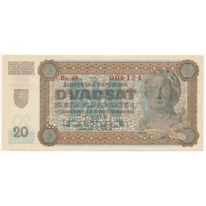 Szlovákia 1942. 20K SPECIMEN (MINTA) perforációval, Bu 49 006124 T:AU / Slovakia 1942. 20 Korun with SPECIMEN...