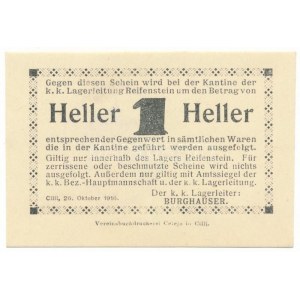 Ausztria / Cilli / Reifenstein hadifogolytábor 1916. 1h hátlapon bélyegzéssel és bélyegzett sorszámmal 3411 T:AU ...