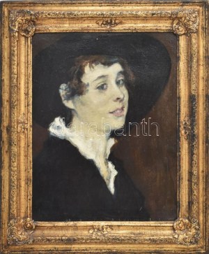 Berkes Antal (1874-1938): Berkes Ilona kalapos arcképe. Olaj, karton. Jelezve jobbra lent. 42x32,5 cm. Dekoratív...