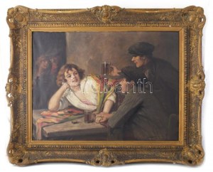 Geiger Richárd (1870-1945): Jelenet hölgyekkel. Olaj, vászon, jelezve jobbra lent 60×80 cm. Apró felületi karcolásokkal...