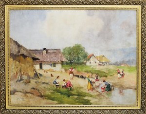Neogrády Antal (1861-1942): Mosónők. Olaj, vászon, jelezve balra lent. Dekoratív fakeretben, 60×80 cm / oil on canvas...
