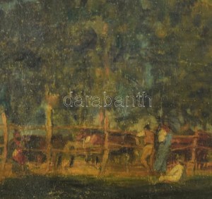 Nádler Róbert (1858-1938): Lovakat mustráló fiúk, 1920. Olaj, vászon. Jelezve jobbra lent...