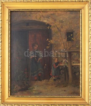 Josef Büche (1848-1917): Friss innivaló (kislány babával). Olaj, fatábla, jelezve jobbra lent...