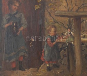 Josef Büche (1848-1917): Friss innivaló (kislány babával). Olaj, fatábla, jelezve jobbra lent...