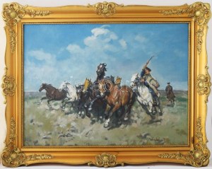 Viski János (1891-1987): Csikós lovakkal. Olaj, vászon, jelezve jobbra lent: Viski J. Dekoratív fakeretben, 60x80 cm. ...