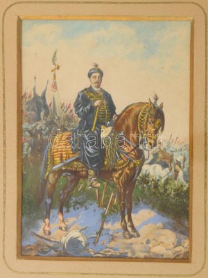 Juliusz Kossák (1824-?): Báthory István erdélyi fejdelem és lengyel király lovon. Akvarell, papír, jelezve jobbra lent...