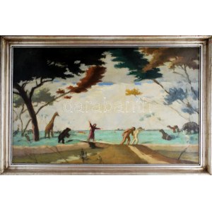 Fényes Adolf (1867-1945): Kiűzetés a paradicsomból. Olaj, vászon, jelzés nélkül. 55x87 cm...