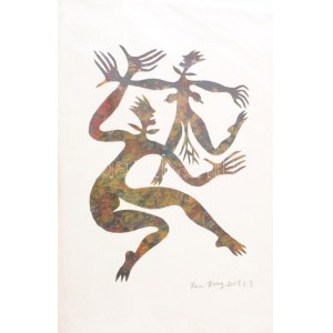 Ren Rong (1960-), kínai művész: Táncolók (cím nélkül), 2001. Kollázs, papír. Jelzett. 44x30 cm / Ren Rong (1960-)...