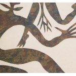 Ren Rong (1960-), kínai művész: Táncolók (cím nélkül), 2001. Kollázs, papír. Jelzett. 44x30 cm / Ren Rong (1960-)...