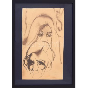 Szász Endre (1926-2003): Arcok. Tus, papír, jelezve jobbra lent, üvegezett fakeretben. 34x20,5 cm