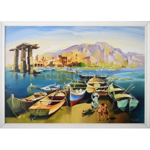 Fassel L'ousa Ferenc (1915-2009): Kikötő. Olaj, farost jelzett, fakeretben, 50×70 cm