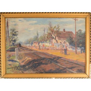 Platthy György (1908-2003): Balatonlellei vasúti megálló, 1955. Olaj, vászon, jelezve jobbra lent...