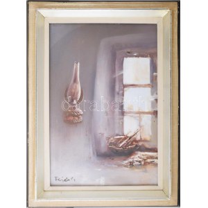 Fejér Csaba (1936-2002): Tanyaablak. Olaj, farost, jelezve balra lent. Hátoldalán Képcsarnok Vállalat címkéjével...